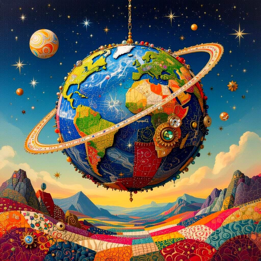 Fabric Planet in a Decoupage Collage Style