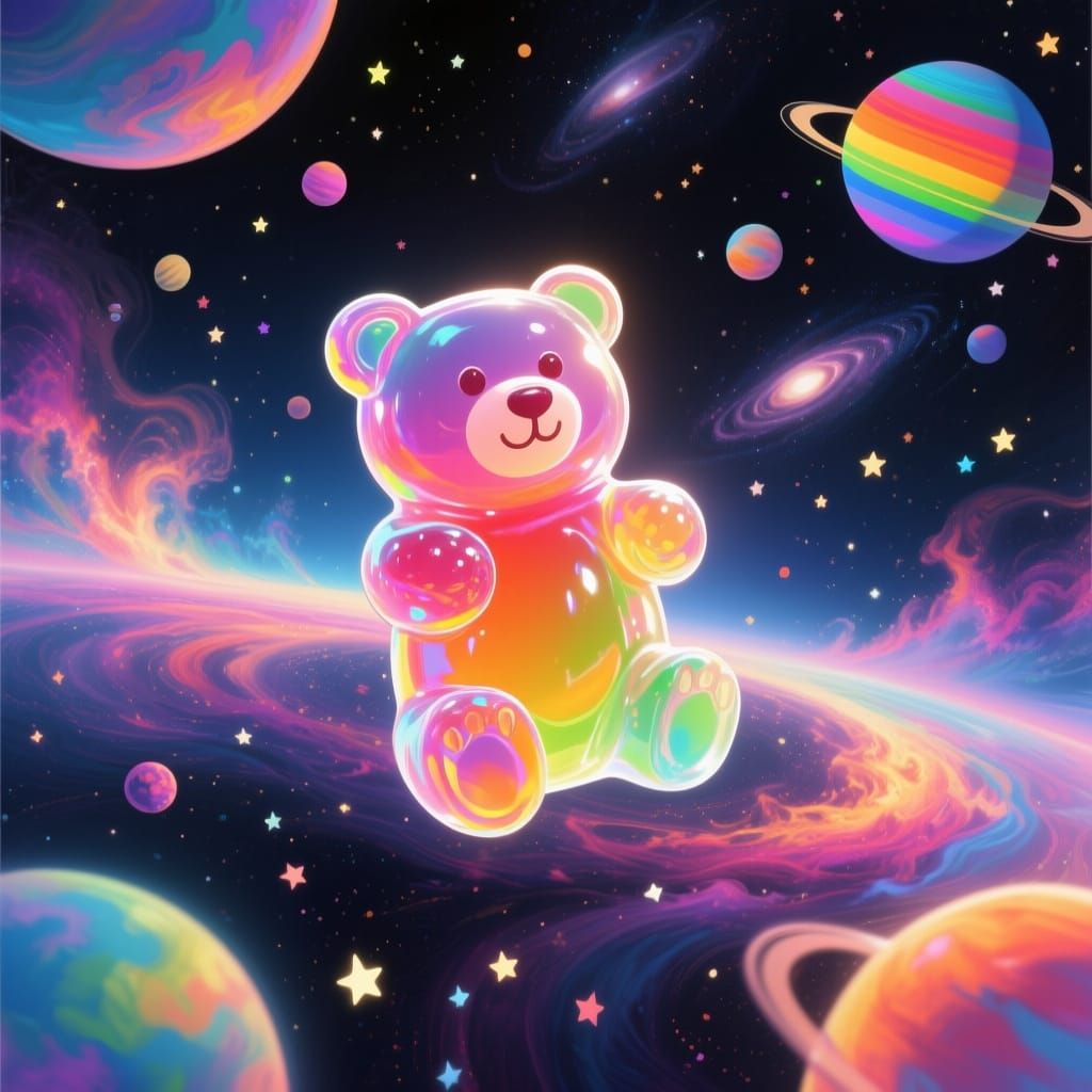 Giant Gummy Bear in Space with Rainbow Planets