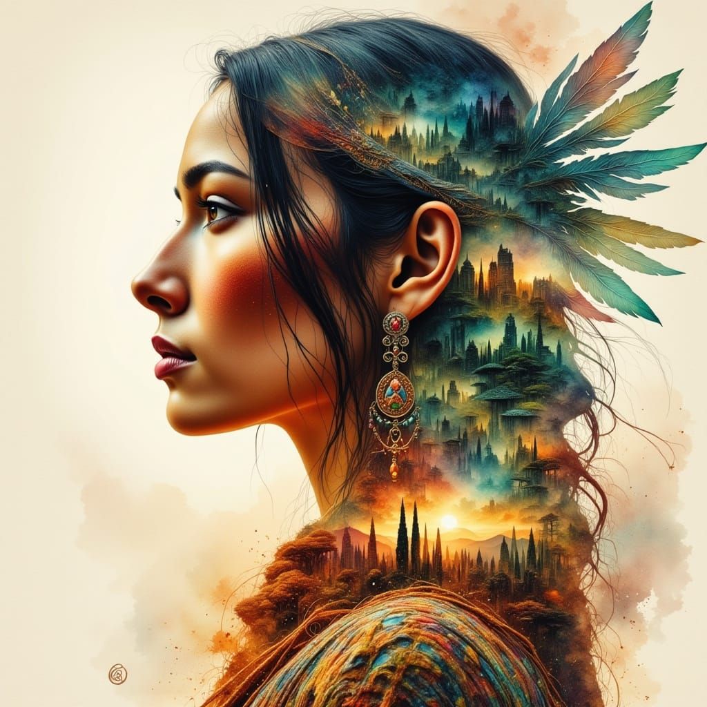 Surreal Double Exposure: Native American Woman in Watercolor