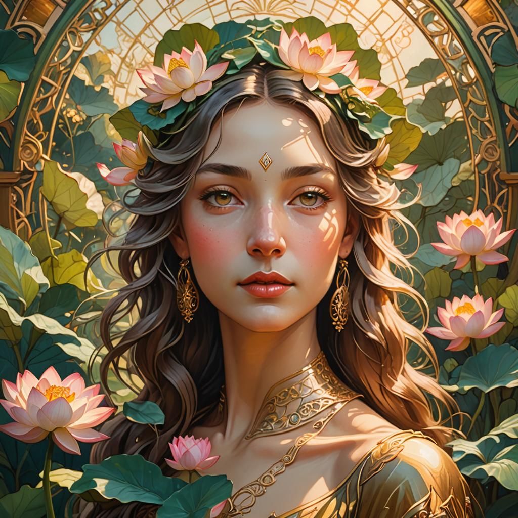 Lotus in Enchanted Garden Oil Painting in Art Nouveau Style