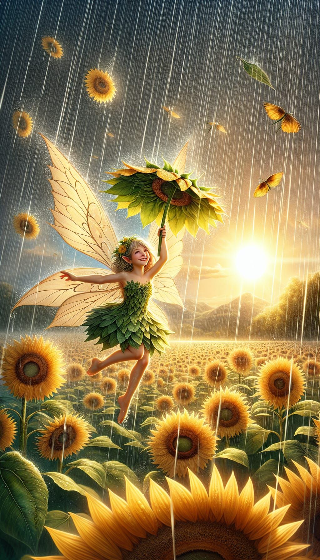 Winged Fairy Shelters from Rain in Sunflower Field