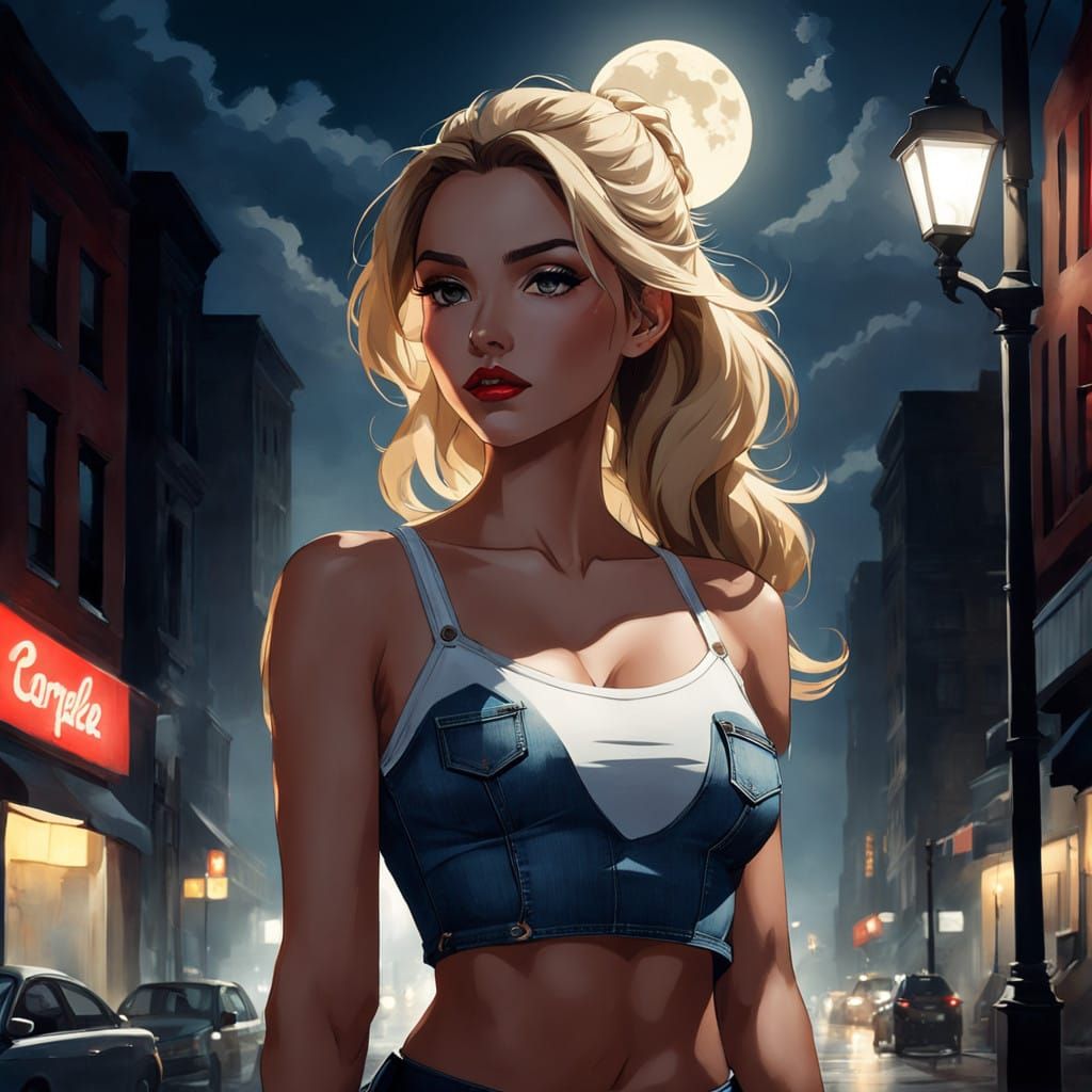 Edgy Urban Portrait of Young Woman in Red Bralette and Rippe...