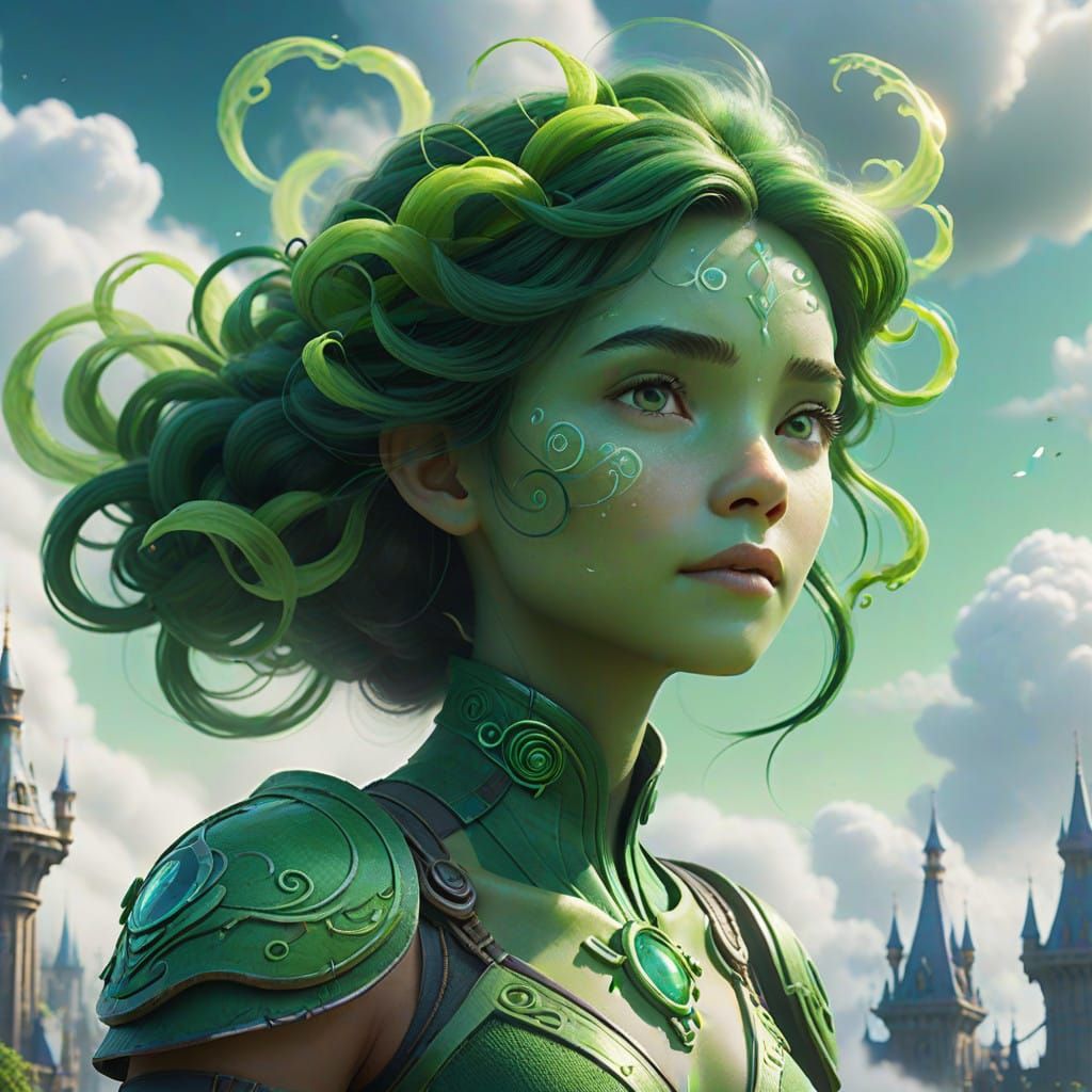 Enchanting Green Air Elemental Woman in Vibrant Cloud Citysc...