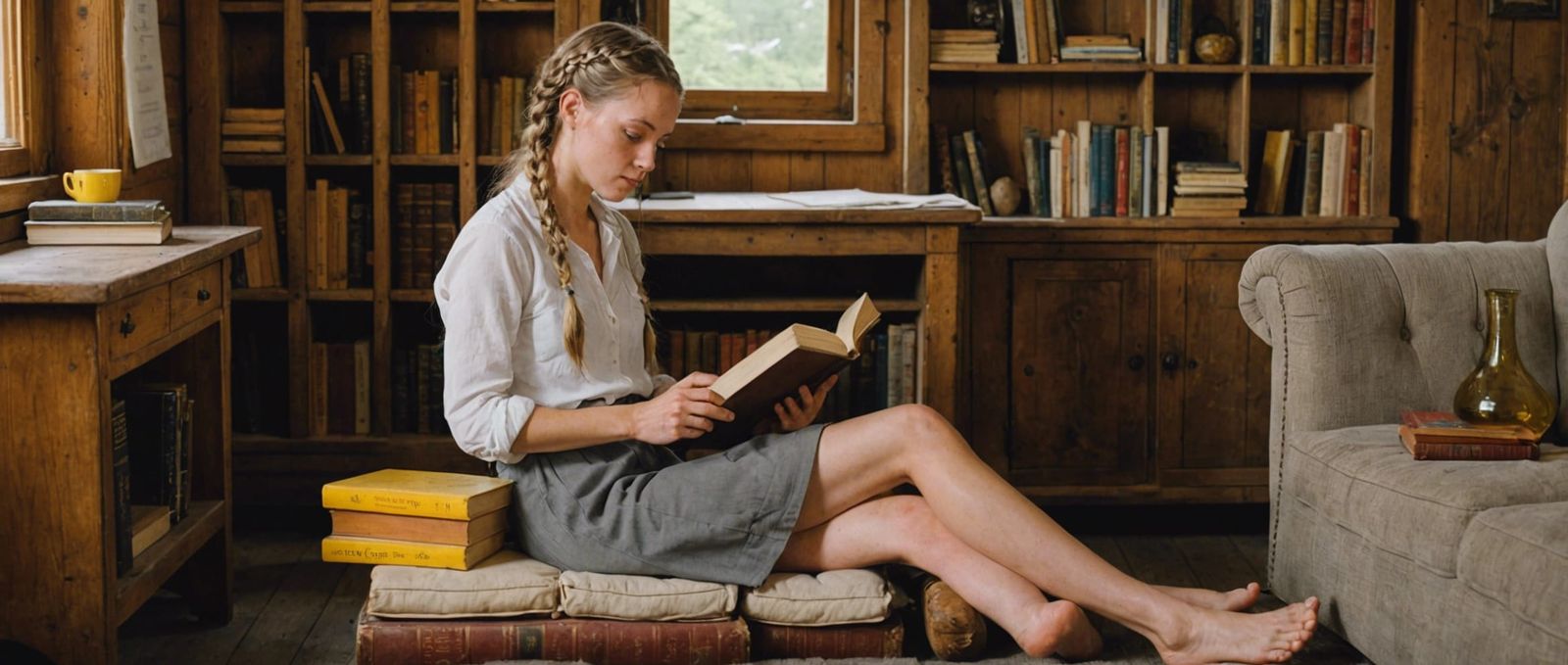 Cabin Library with Woman Reading to Infant