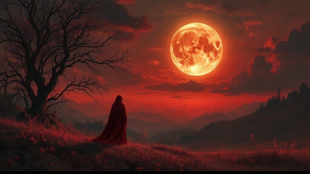 Ethereal Landscape Under Crimson Sunset