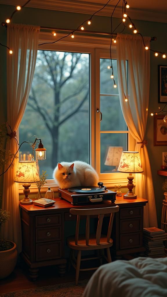 Cozy Bedroom with Cat, Record Player, in Ghibli Style