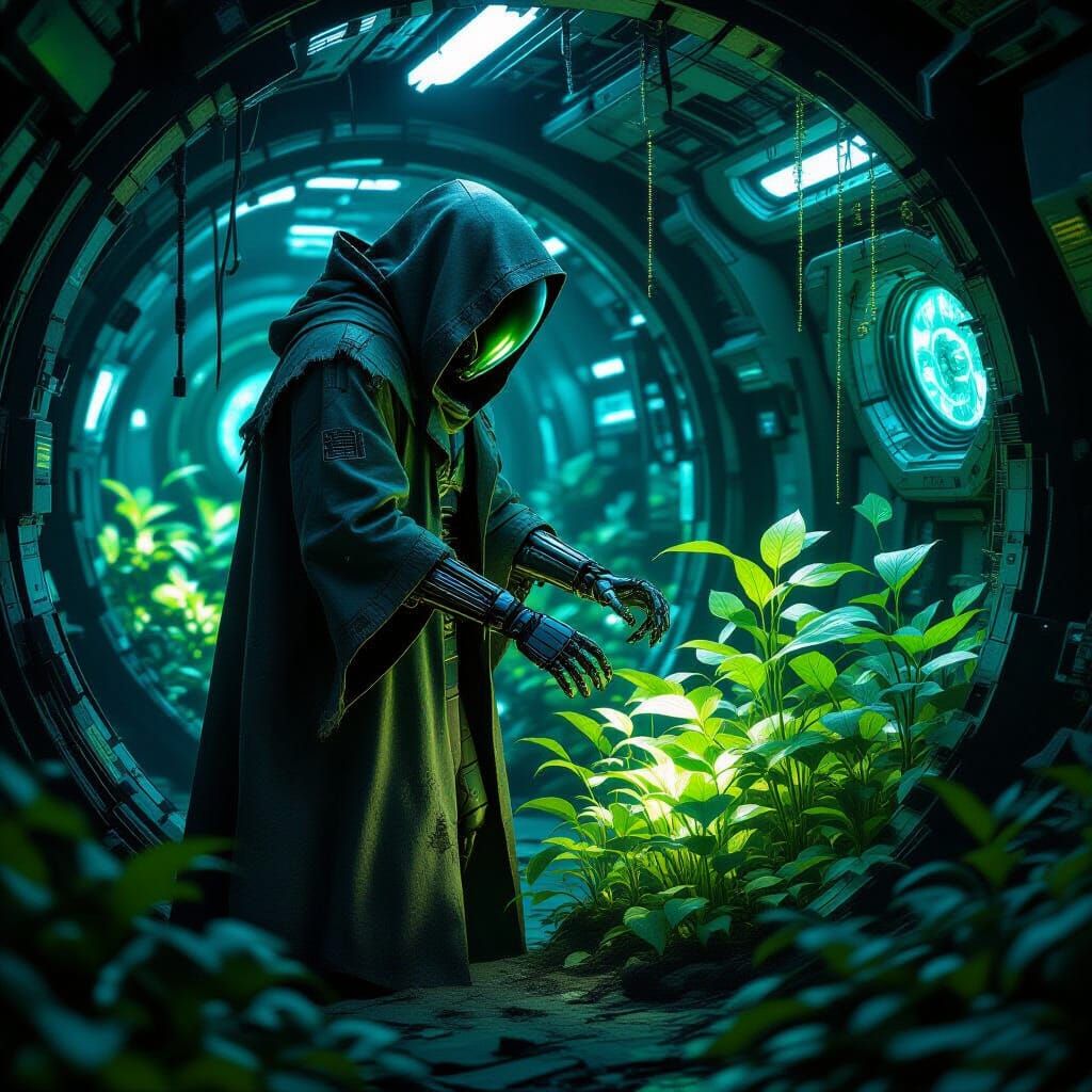 Cyborg Botanist and Bioluminescent Garden in Derelict Spaces...