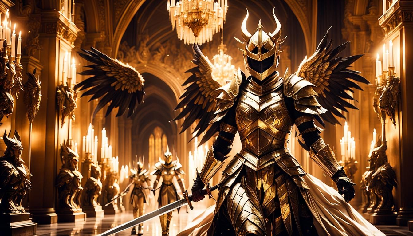 Golden Knight Girl with Sword in Grand Hallway