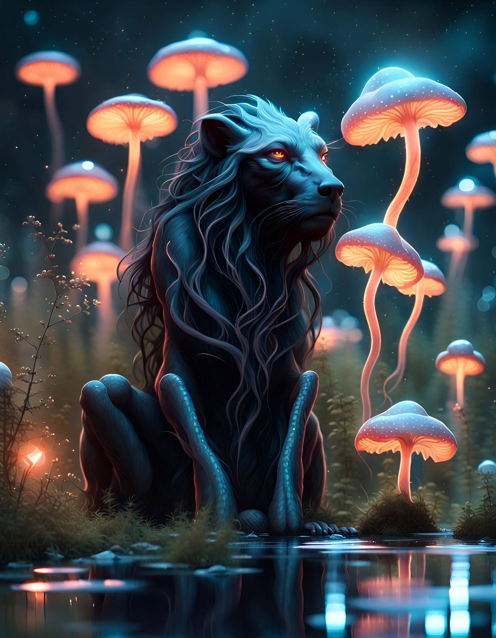 Reflective Black Glass Beast in Bioluminescent Landscape