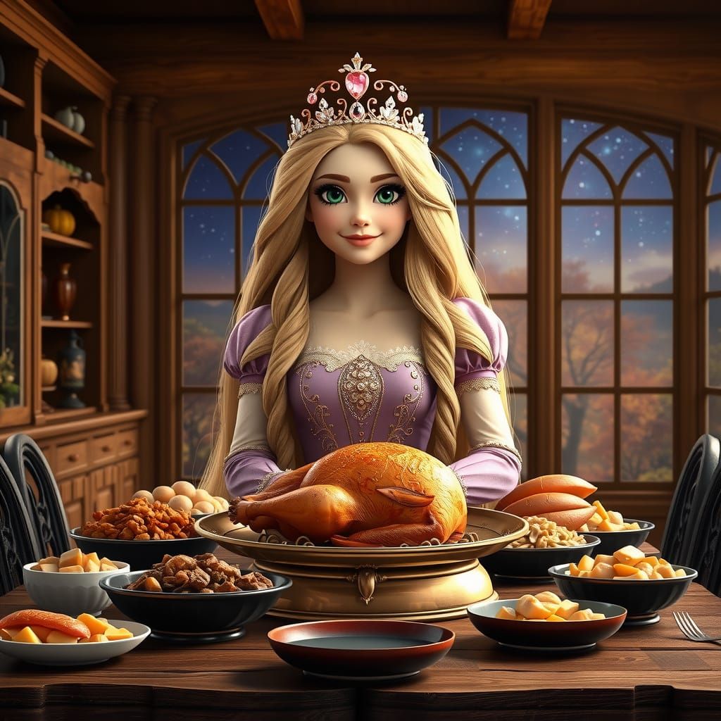 Rapunzel's Thanksgiving Feast in Golden Autumn Light