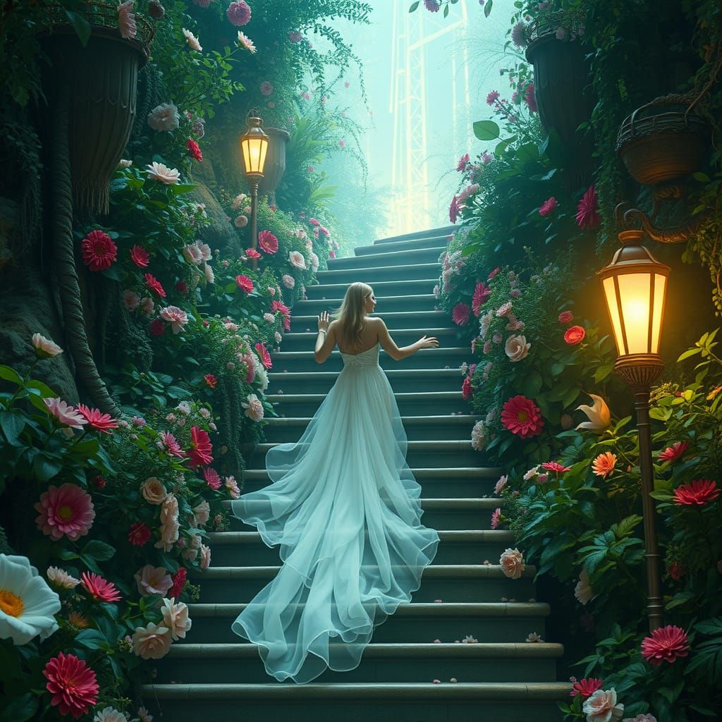 Mystical Woman Ascending Blooming Staircase to Origin