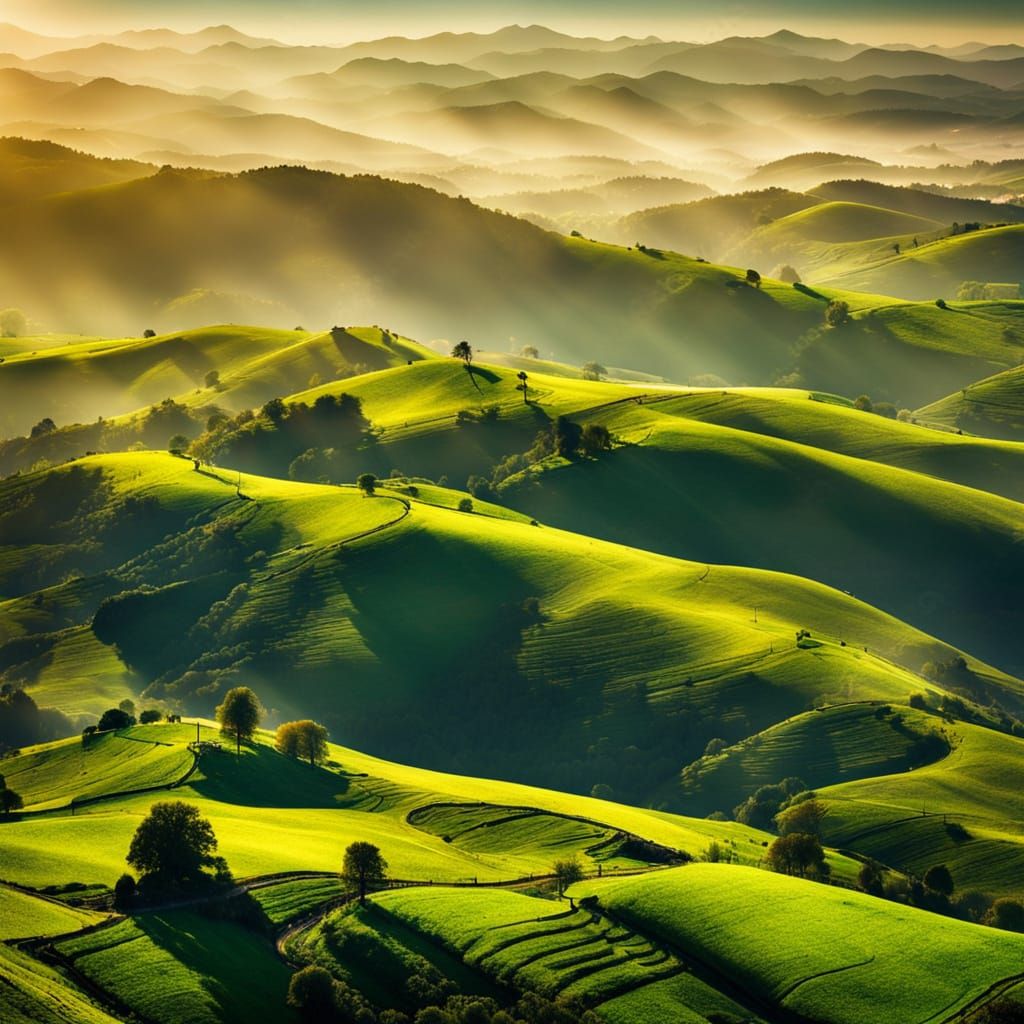 National Geographic-Style Aerial View of Rolling Green Hills