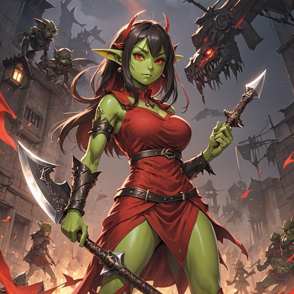 Anime Style Goblin Warrior in Red Dress
