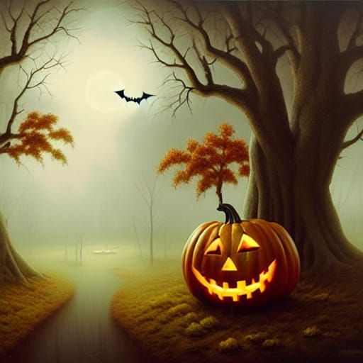 Spooky Halloween Landscape in Pop Surrealism Style