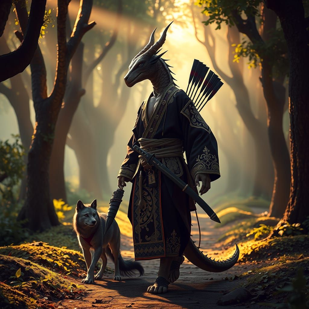 Regal Dragonborn Warrior in Eastern Kimono Embarks on Enchan...