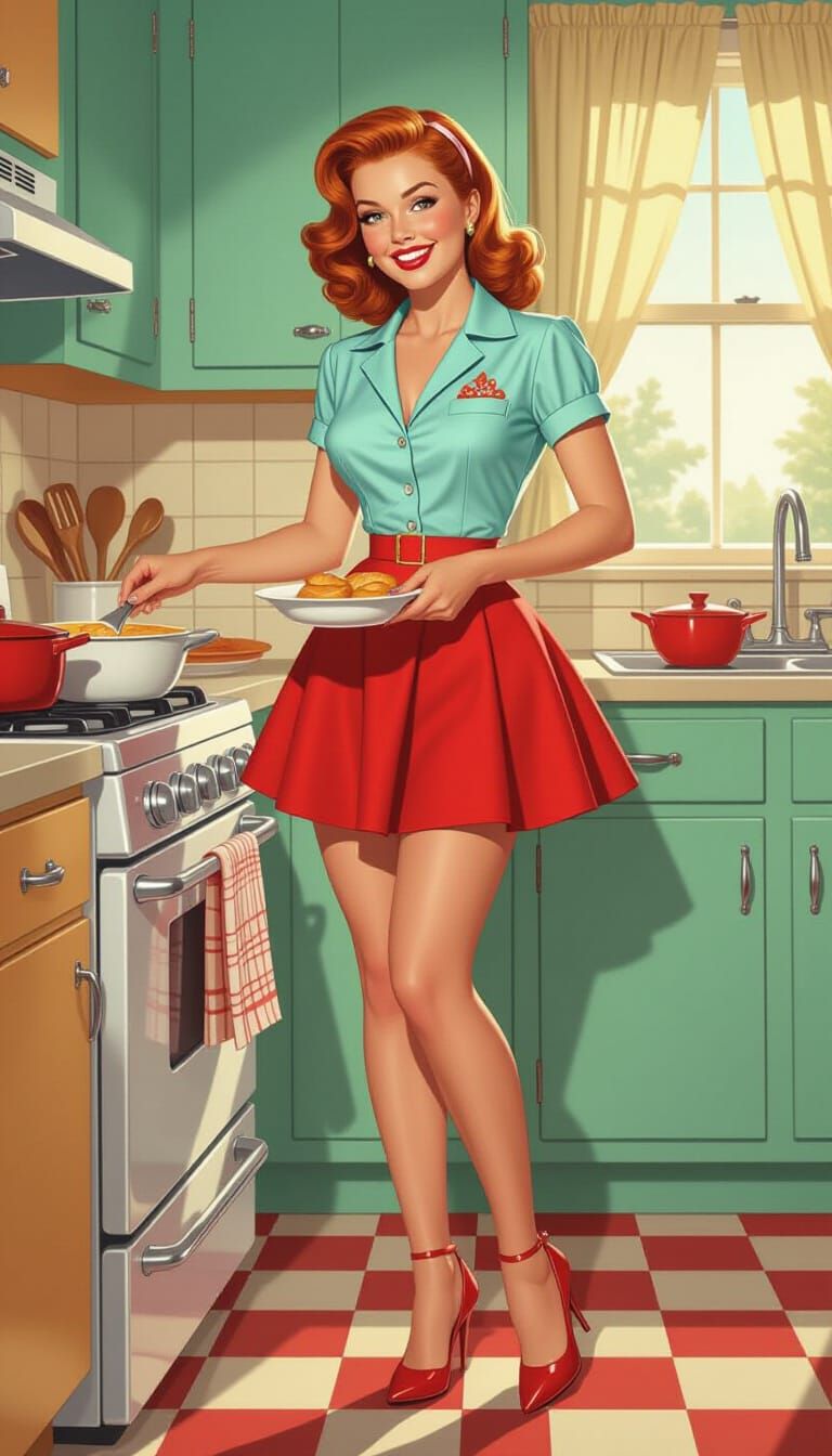 Happy Redhead Housewife in 1950s Kitchen