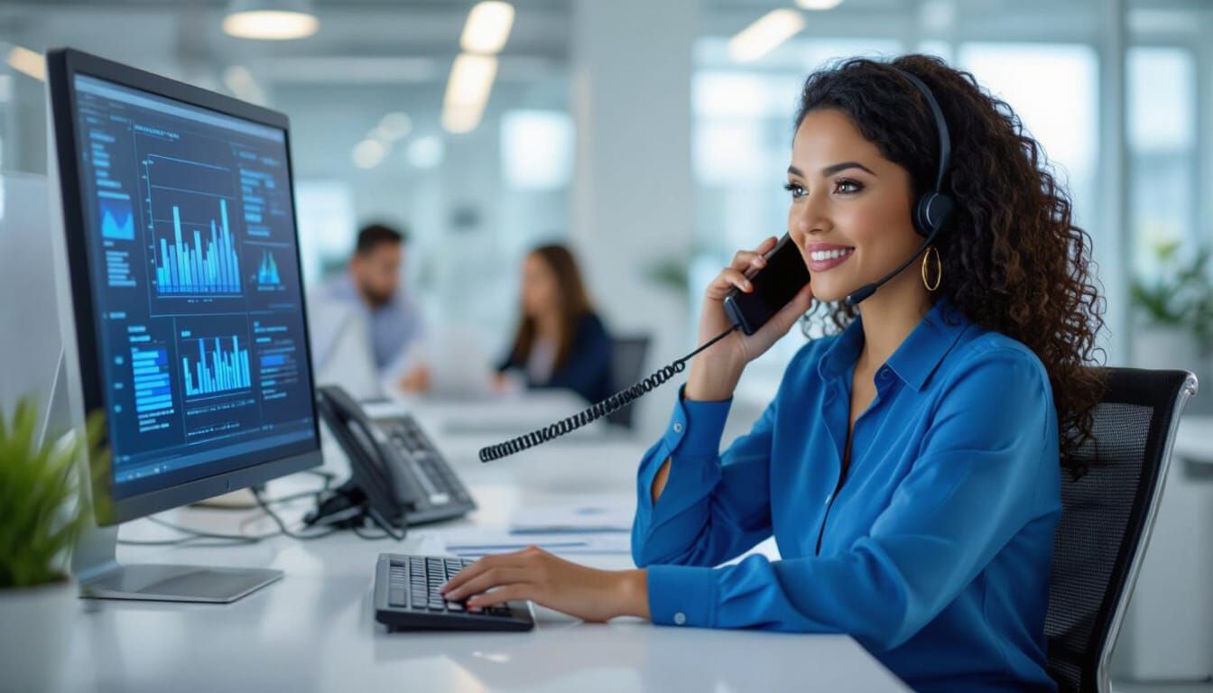 Latina Secretary Answers Phone in Modern Office