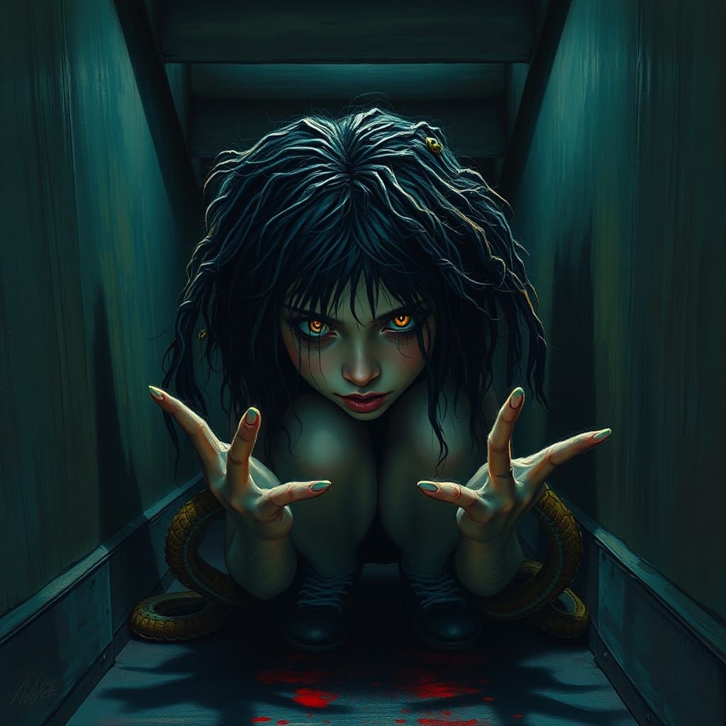 Eerie Woman Under Stairs: A Gothic Horror Vision