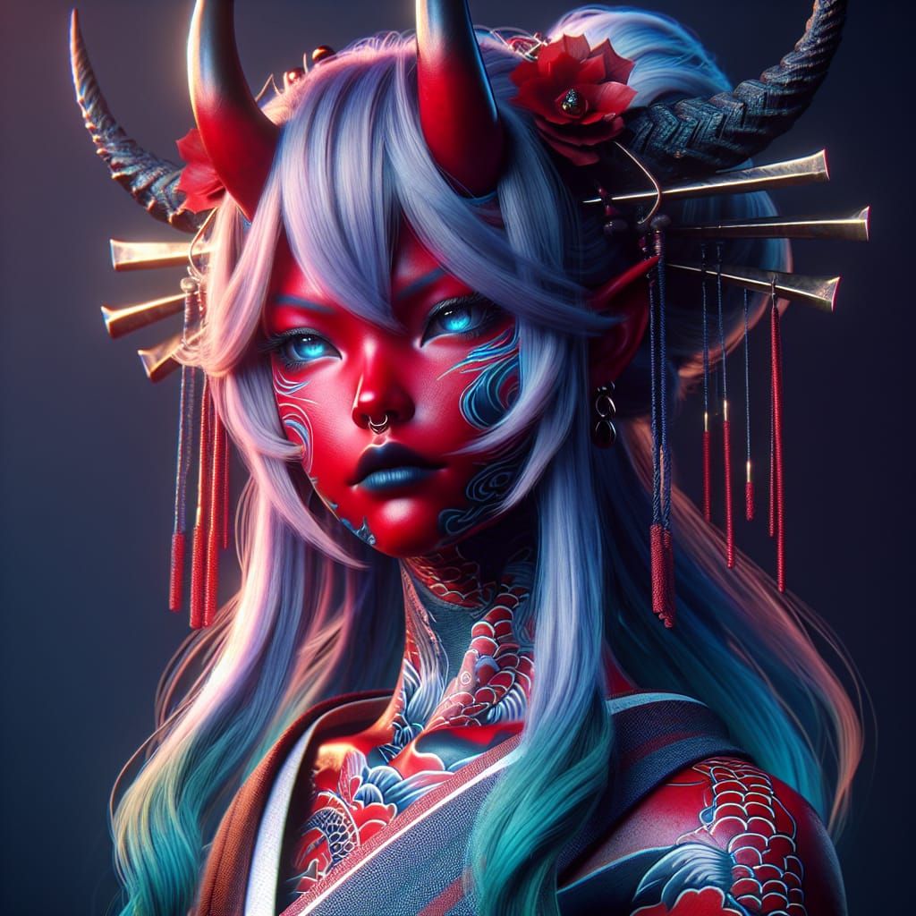 Captivating Red Oni with Koi Tattoos in 8k