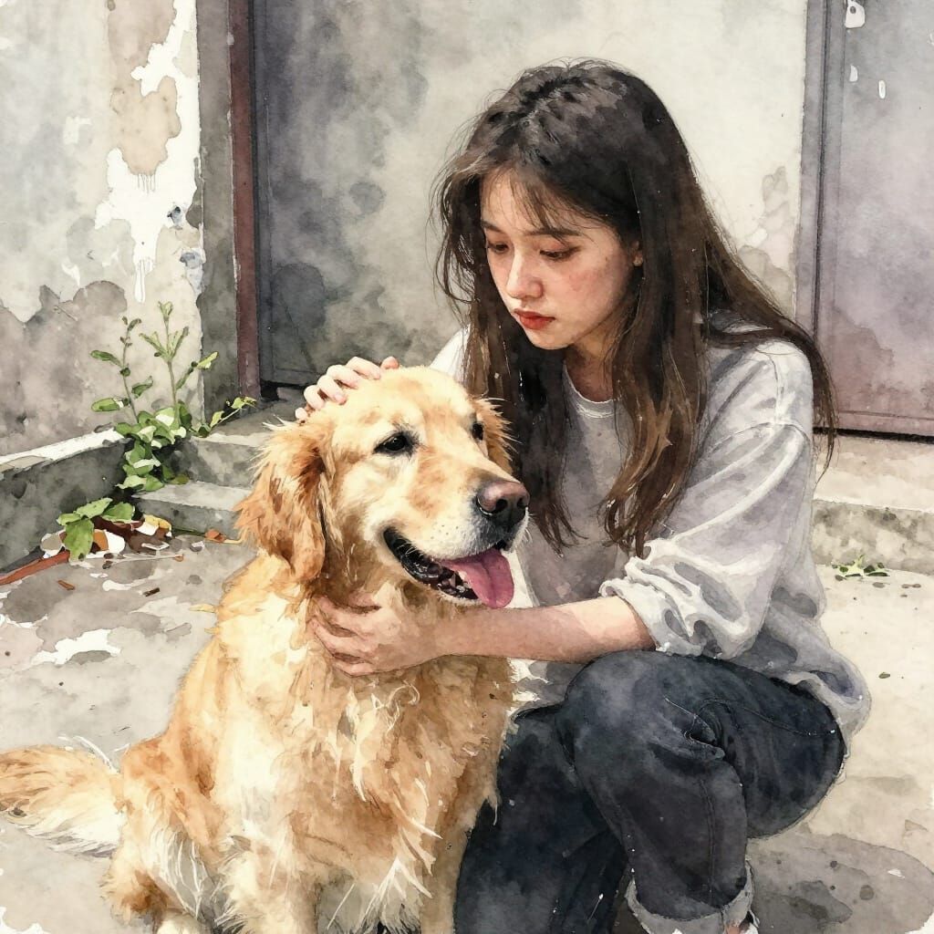 Woman and Golden Retriever in Urban Watercolor Style