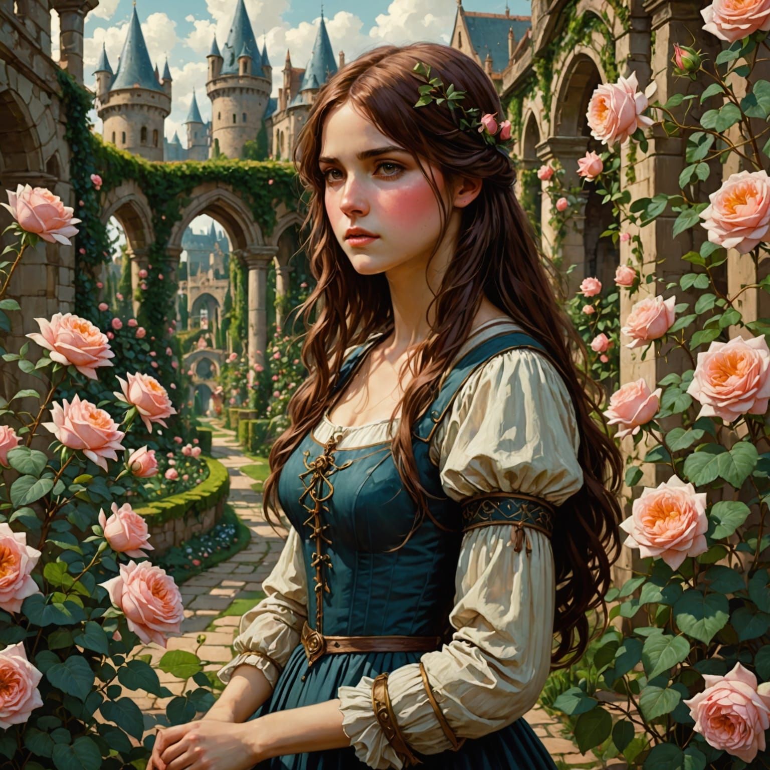 Medieval Fantasy Girl in Enchanted Rose Garden