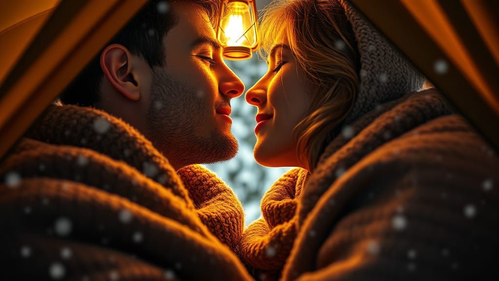 Intimate Winter Camping Scene in Soft Golden Light