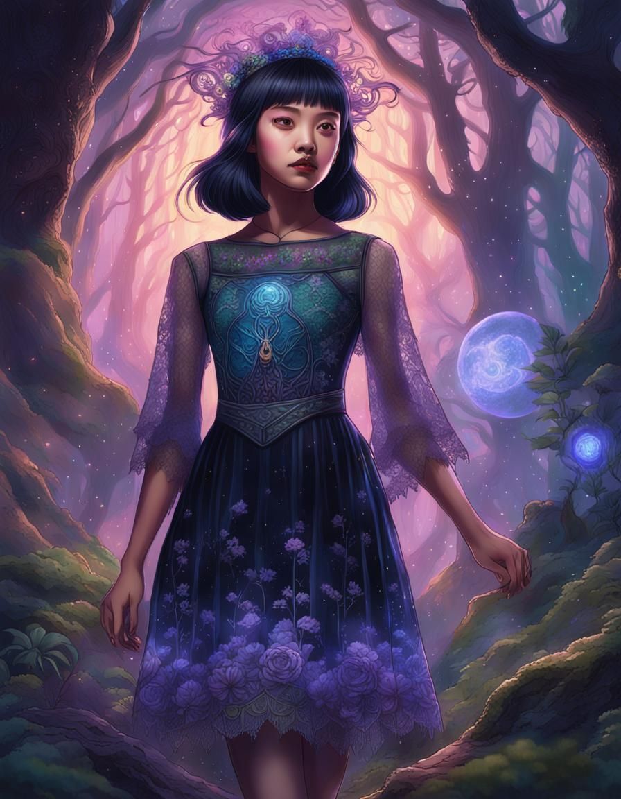 Vietnamese Witch Cosplay in Mystical Forest, Mixed Media