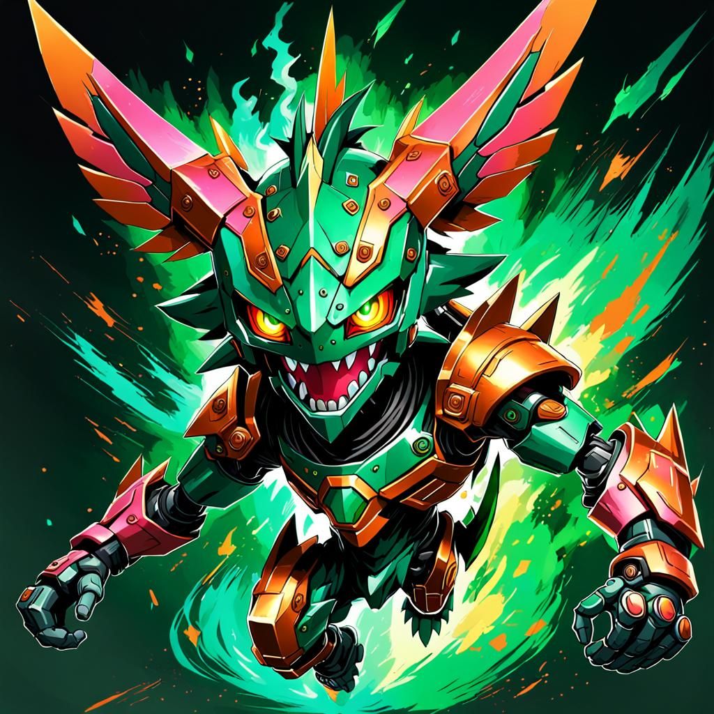 Vivid-Orange Digimon with Copper Shield in Abstract Art