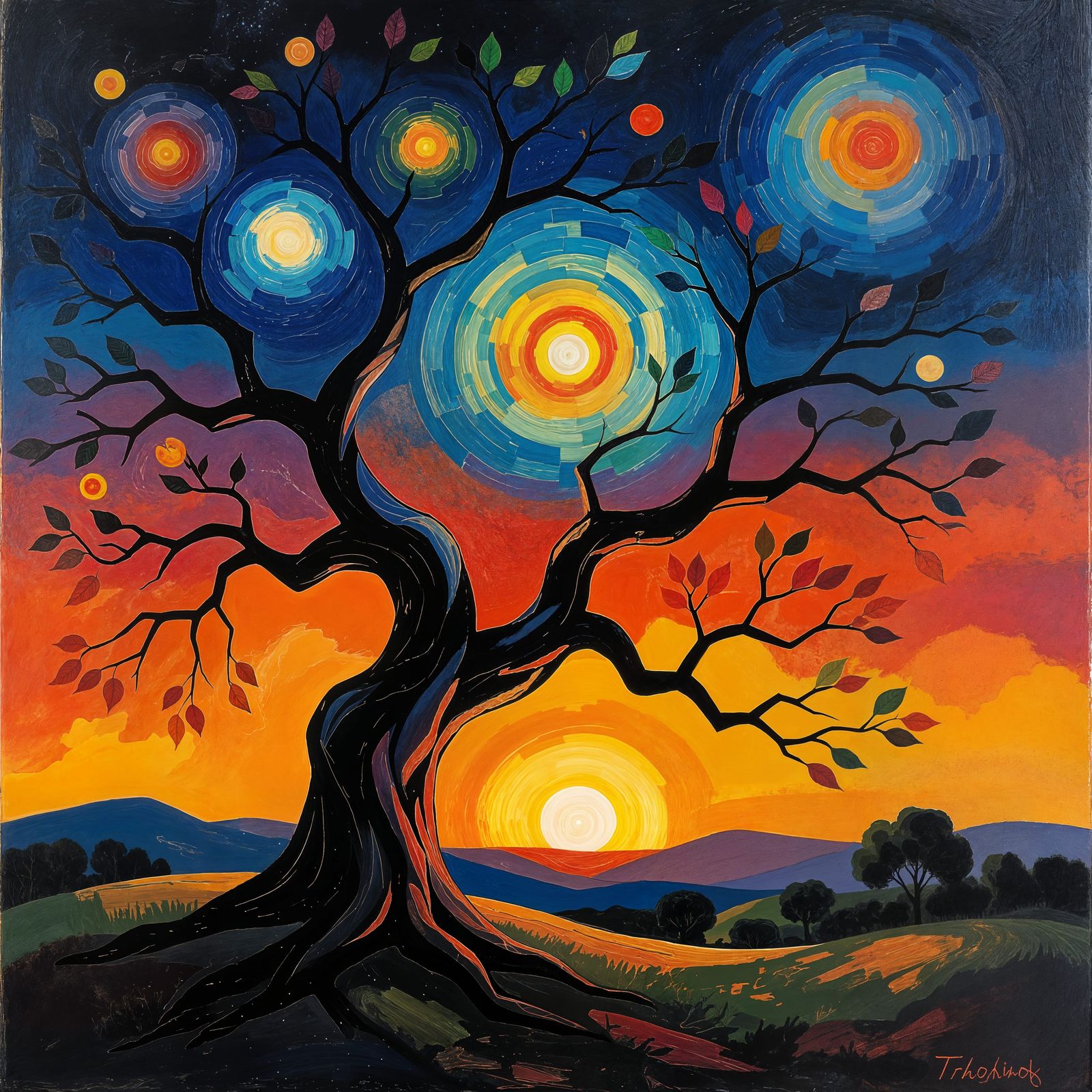 Ancient Tree Under Cosmic Autumn Sunset in Abstract Style