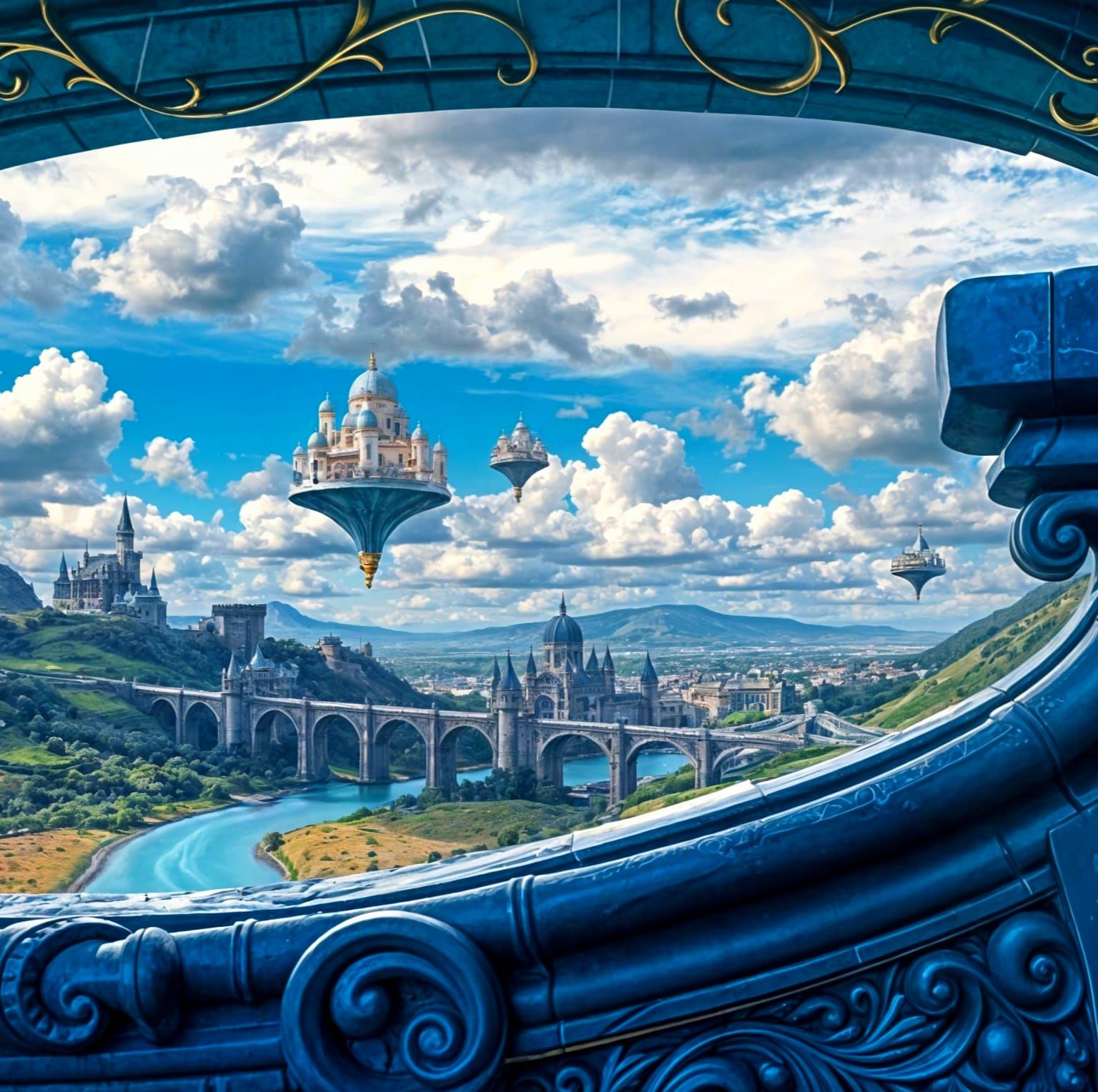 Fantasy Castle Scene with Golden Sunset and Magical Landscap...