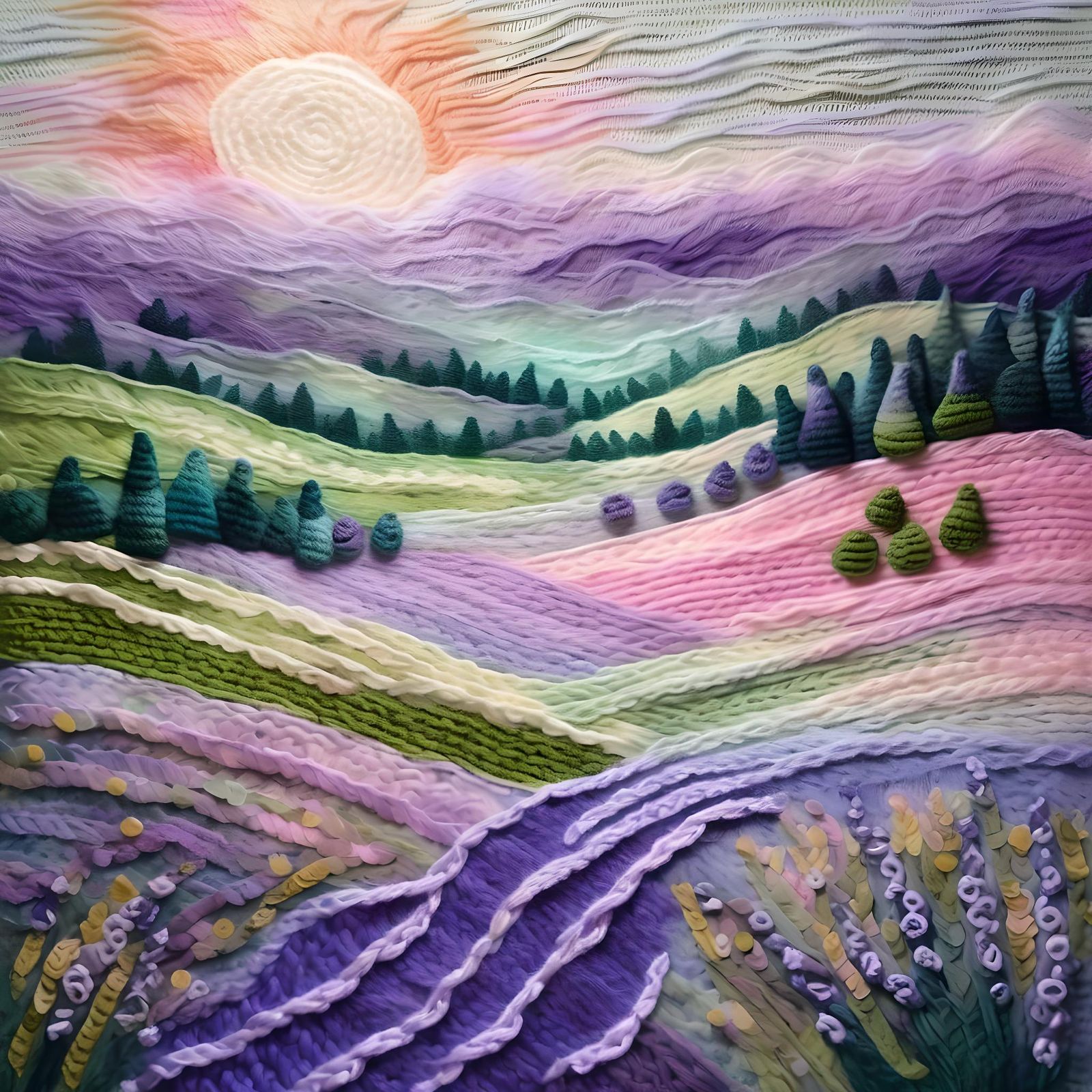 Knitted Lavender Field: A Yarn Art Landscape