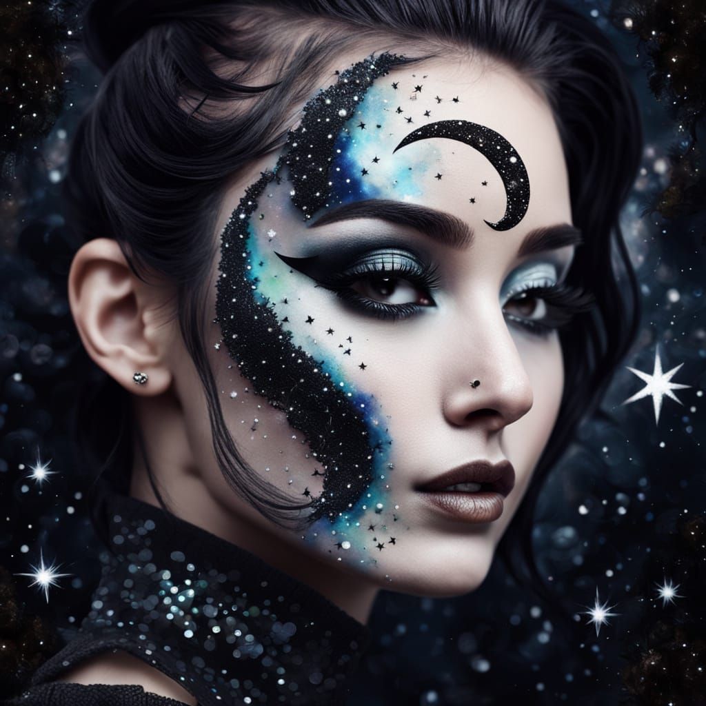 Goth Lady Double Exposure Portrait with Galaxy Moon