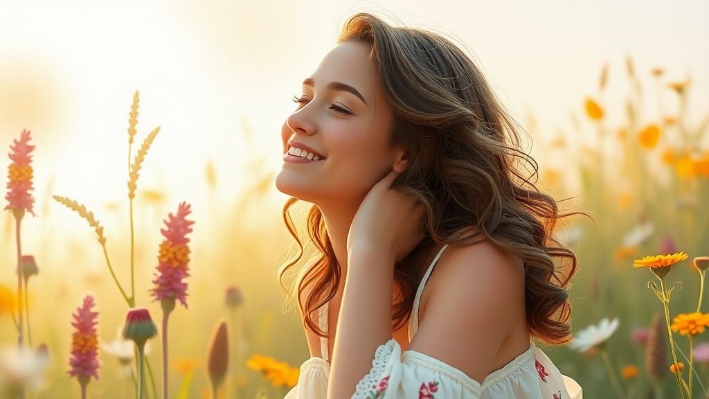 Woman Smiling in Wildflower Meadow, Impressionistic Style
