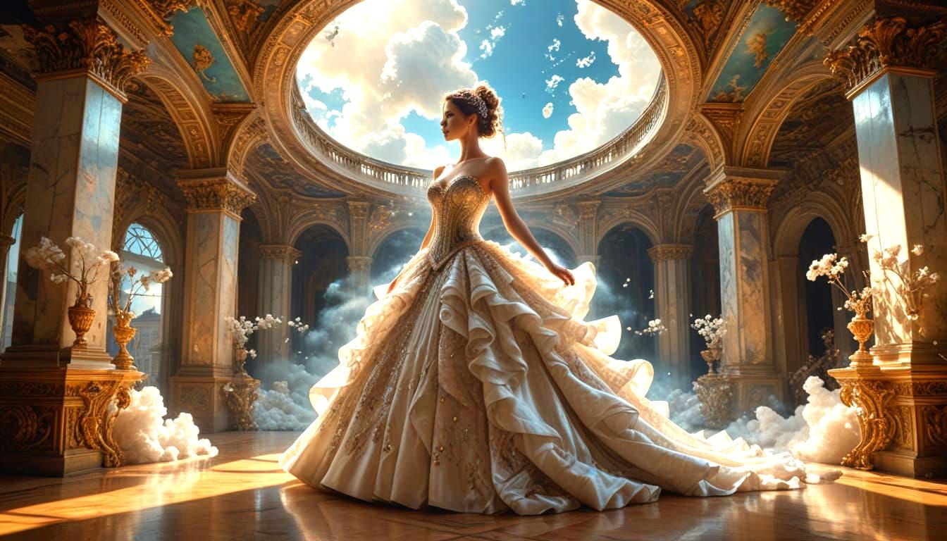 Surreal Ballroom Scene with Woman and Crystalline Figures