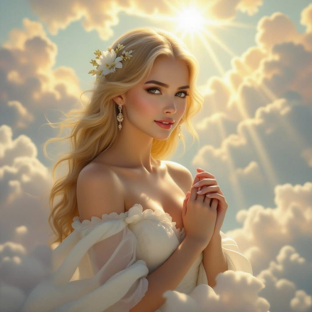 Aphrodite in Ethereal Clouds with Divine Sunshine