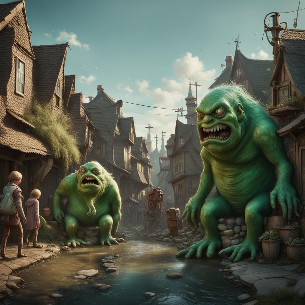 Giants and Monsters Attack Town: Fantasy Concept Art