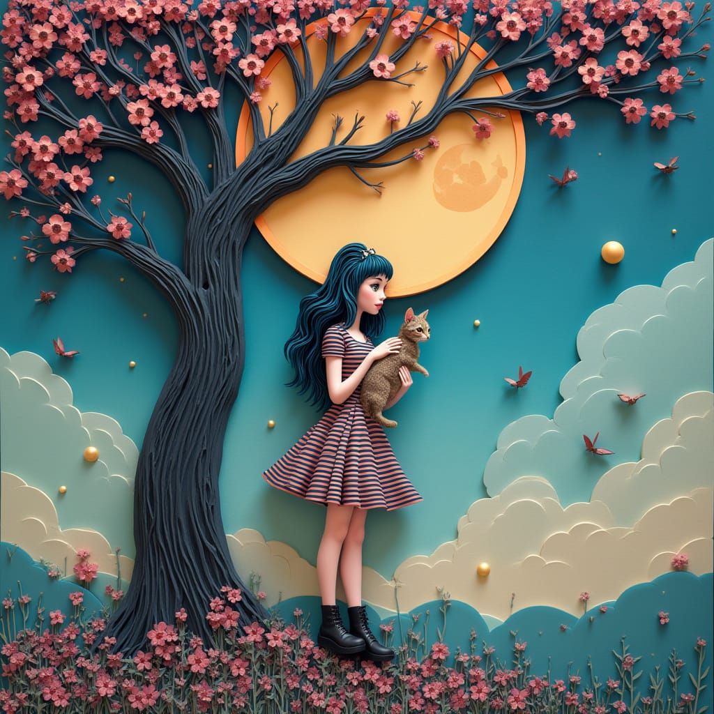 Goth-Punk Lady with Cat in Dreamworld, 3D Bas Relief