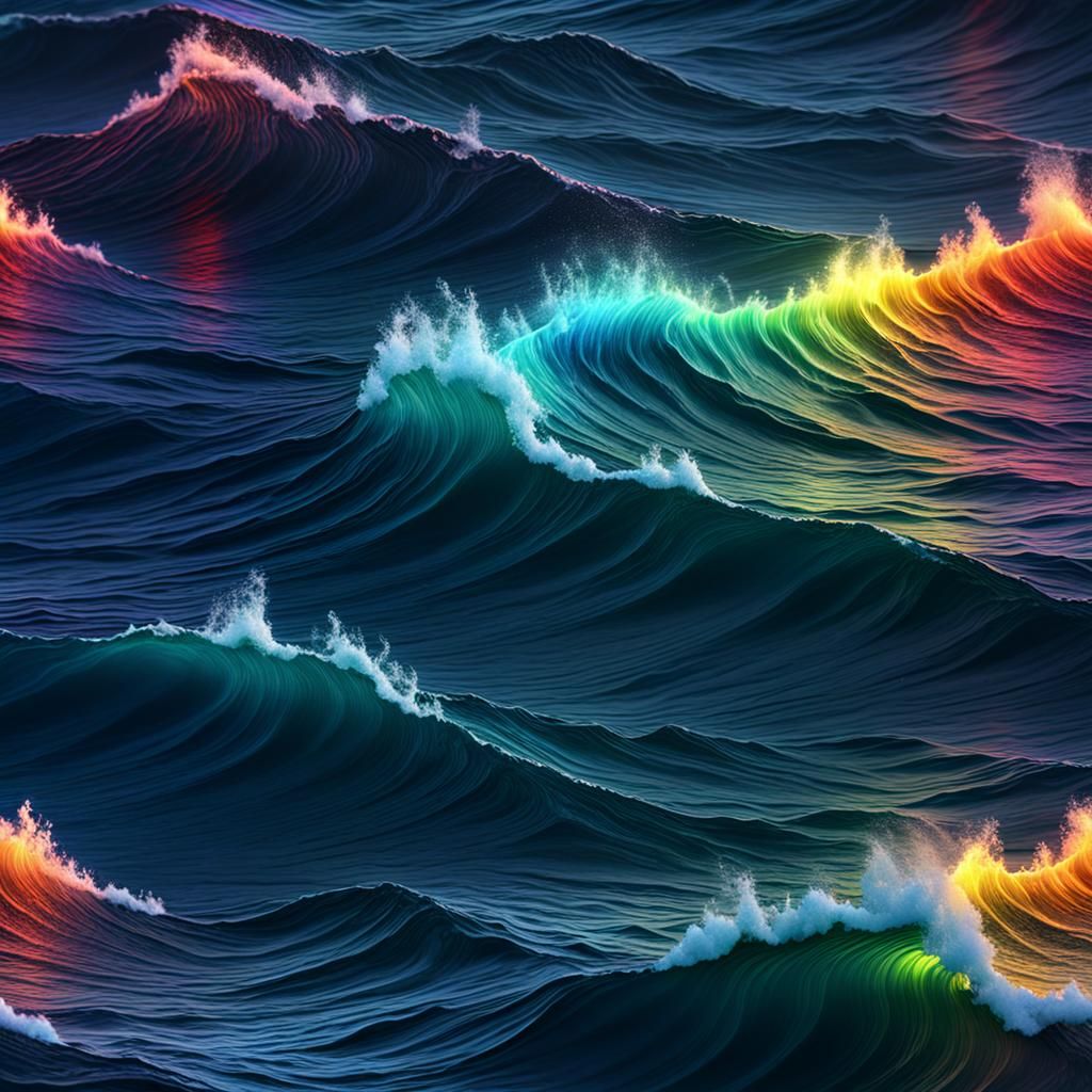Rainbow Ocean Waves at Night: Hyper-Realistic Photo
