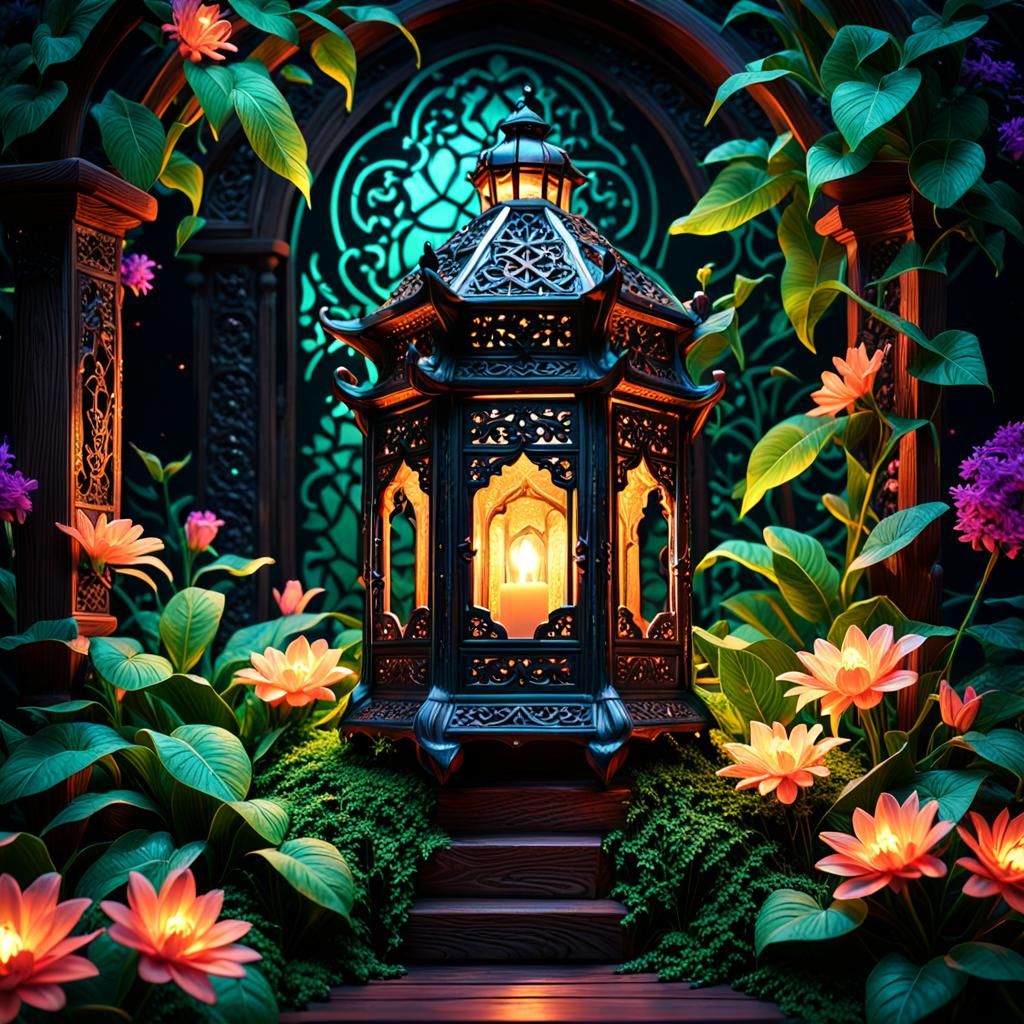 Mystical Lantern on Ornate Throne in Dark Realism