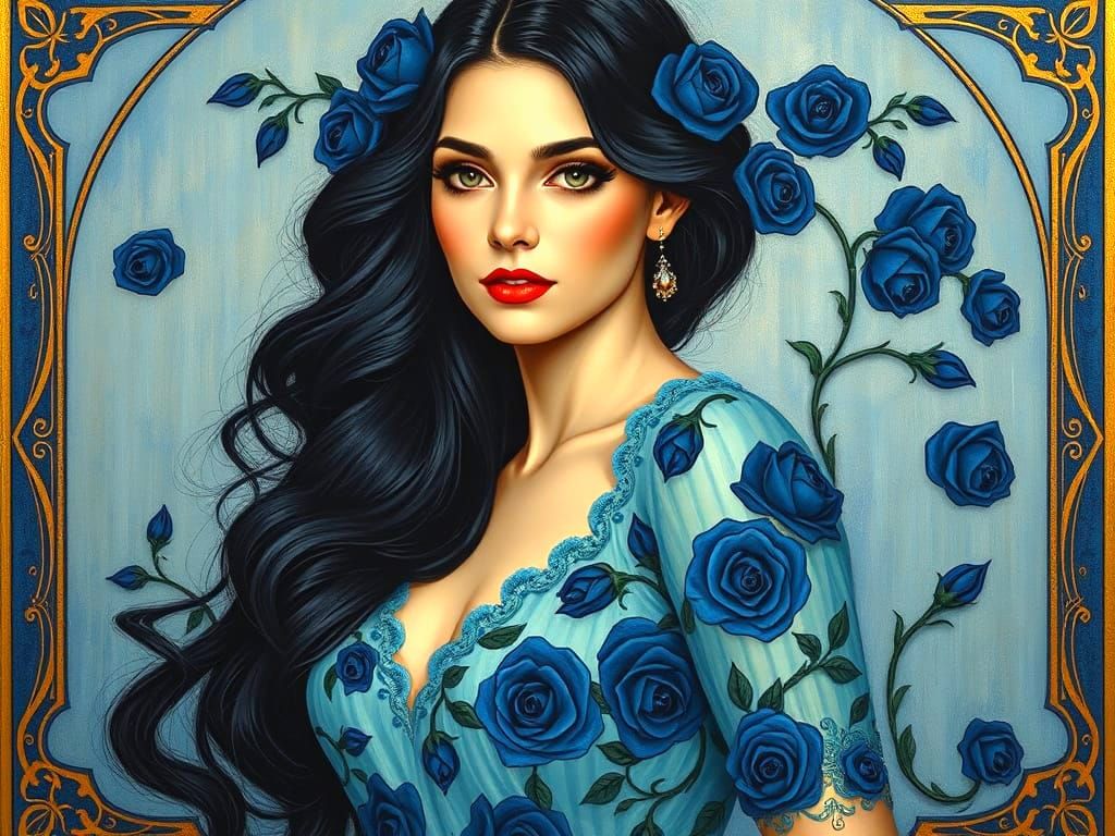 Woman in Art Nouveau Dress with Blue Roses