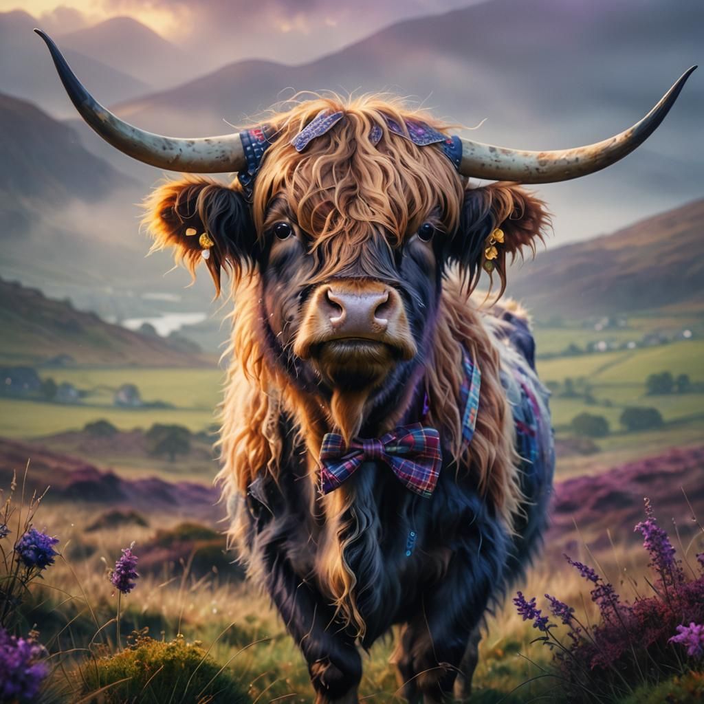 Fantasy Highland Cow in Tartan Bow Tie, Scottish Landscape
