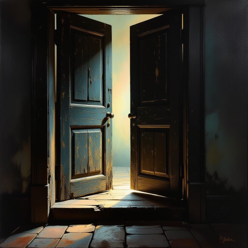 Ethereal Glow from Aged Wooden Doors in Hyperrealistic Style