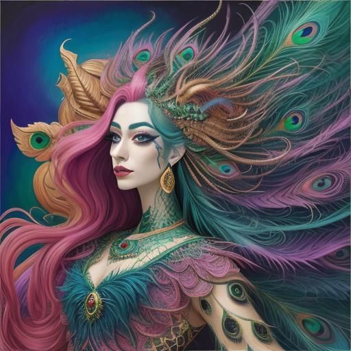 Surreal Dragon Woman with Peacock Feathers in Abstract Art