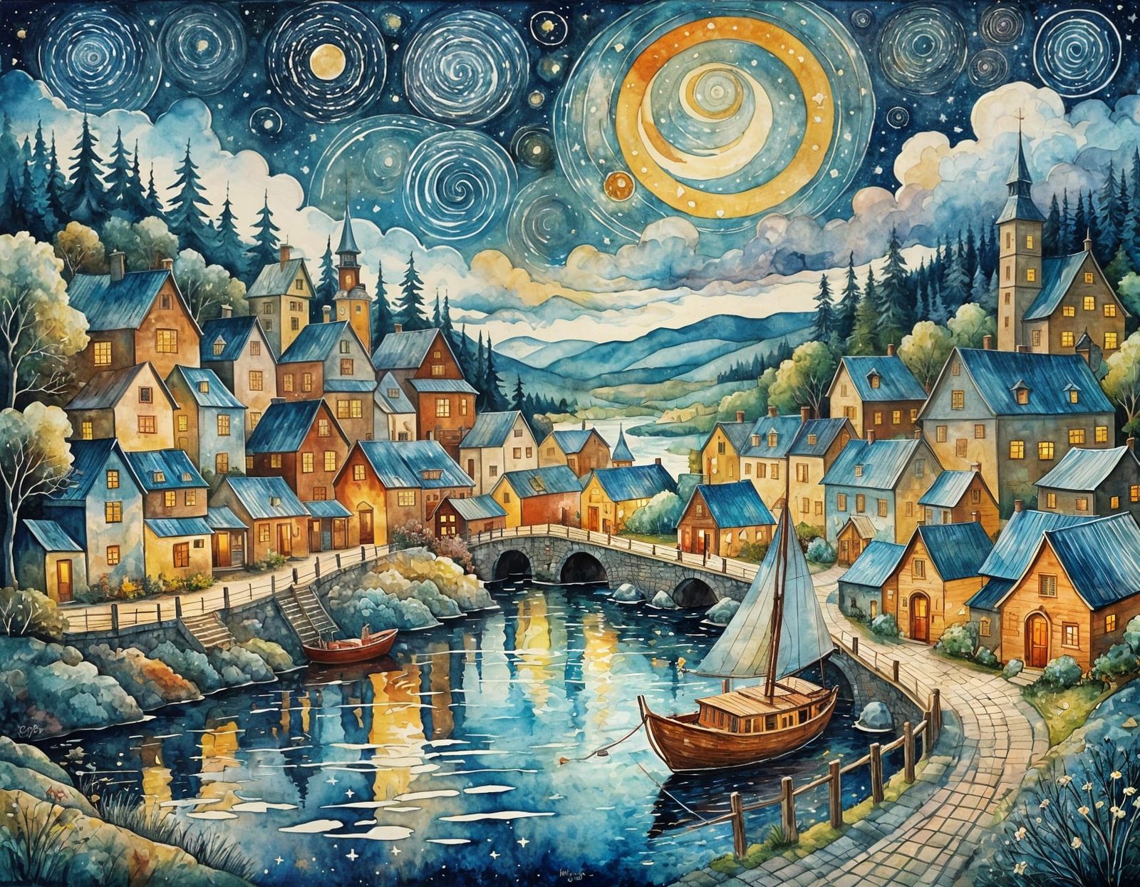 Charming Slavic Village Under Starry Night Sky