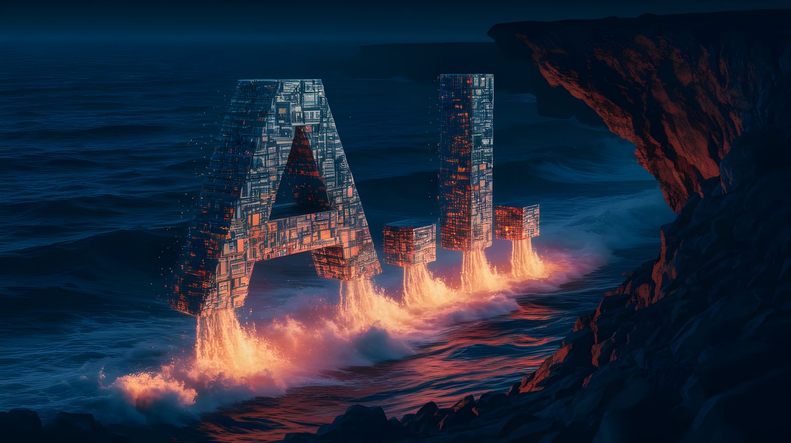 Electronic A.I. Letters Dissolving into Pixels at Sea