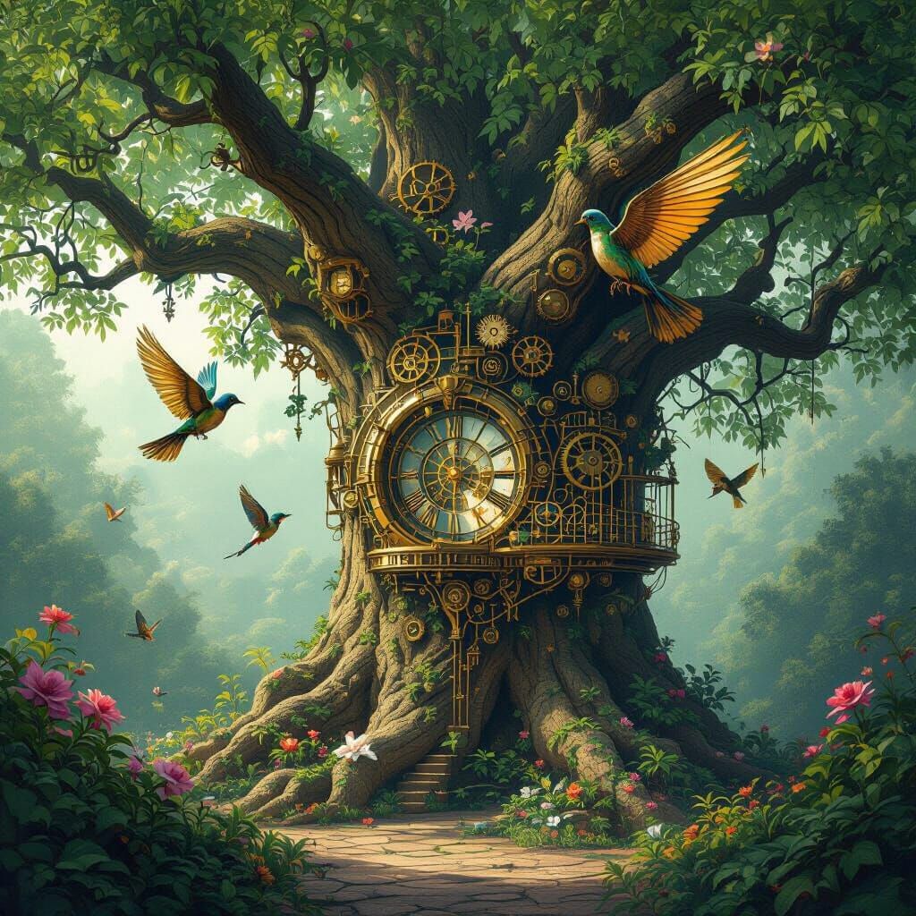 Steampunk Aviary in Ancient Tree, Art Nouveau Style