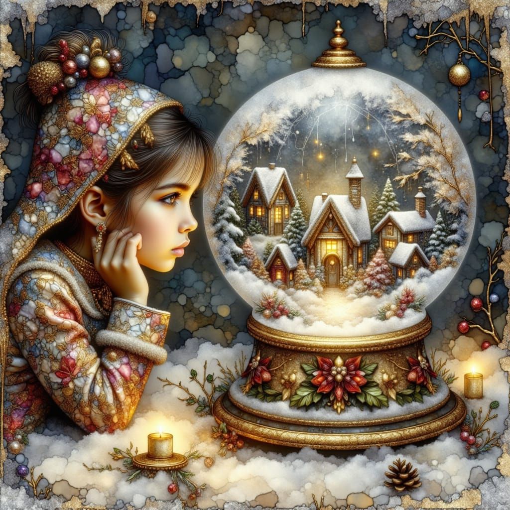 Curious Girl Explores Miniature Winter Globe