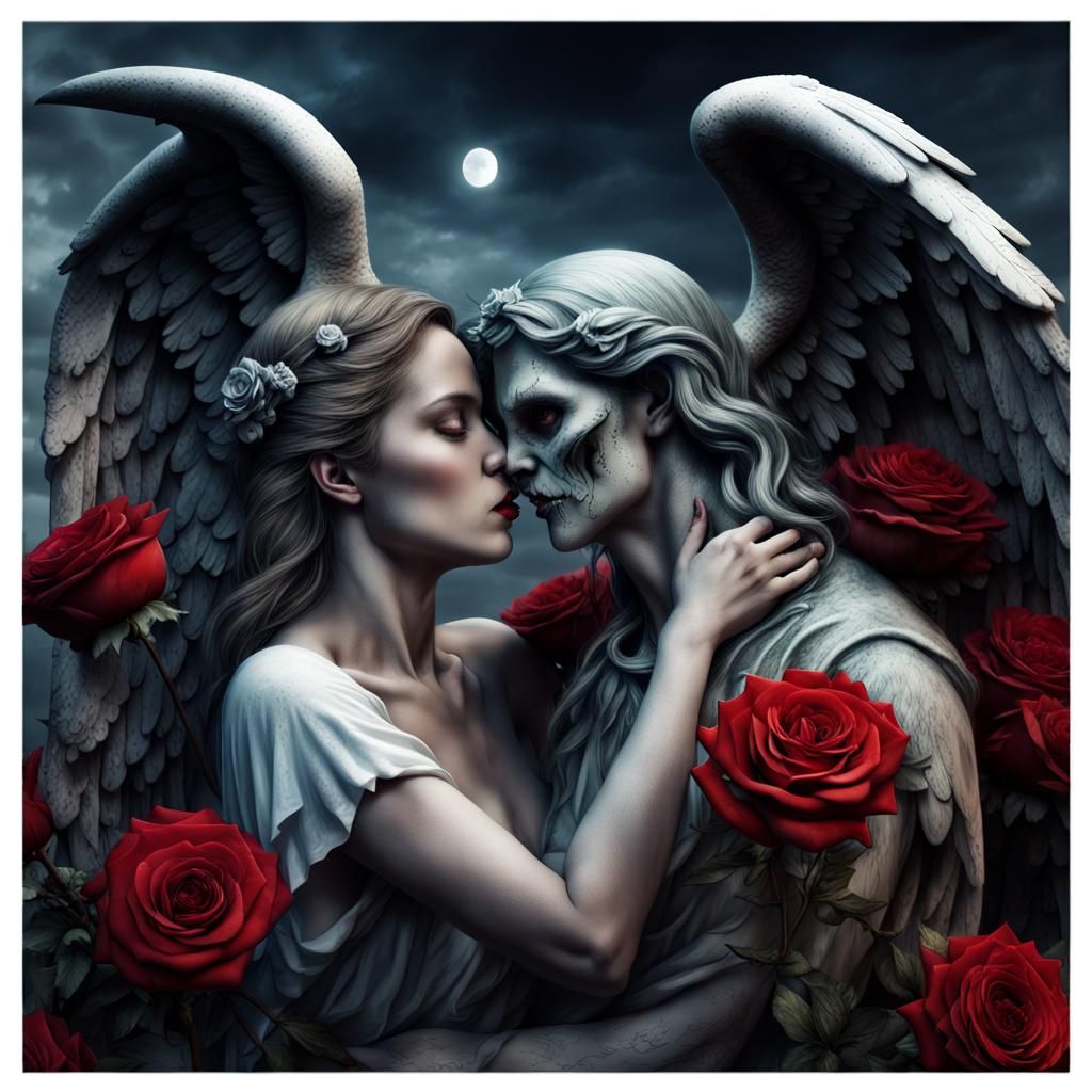 Angelic Demon Kiss in Graveyard Horror Scene