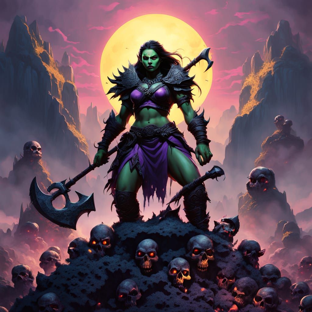 Female Orc Warrior on Mountain of Skulls