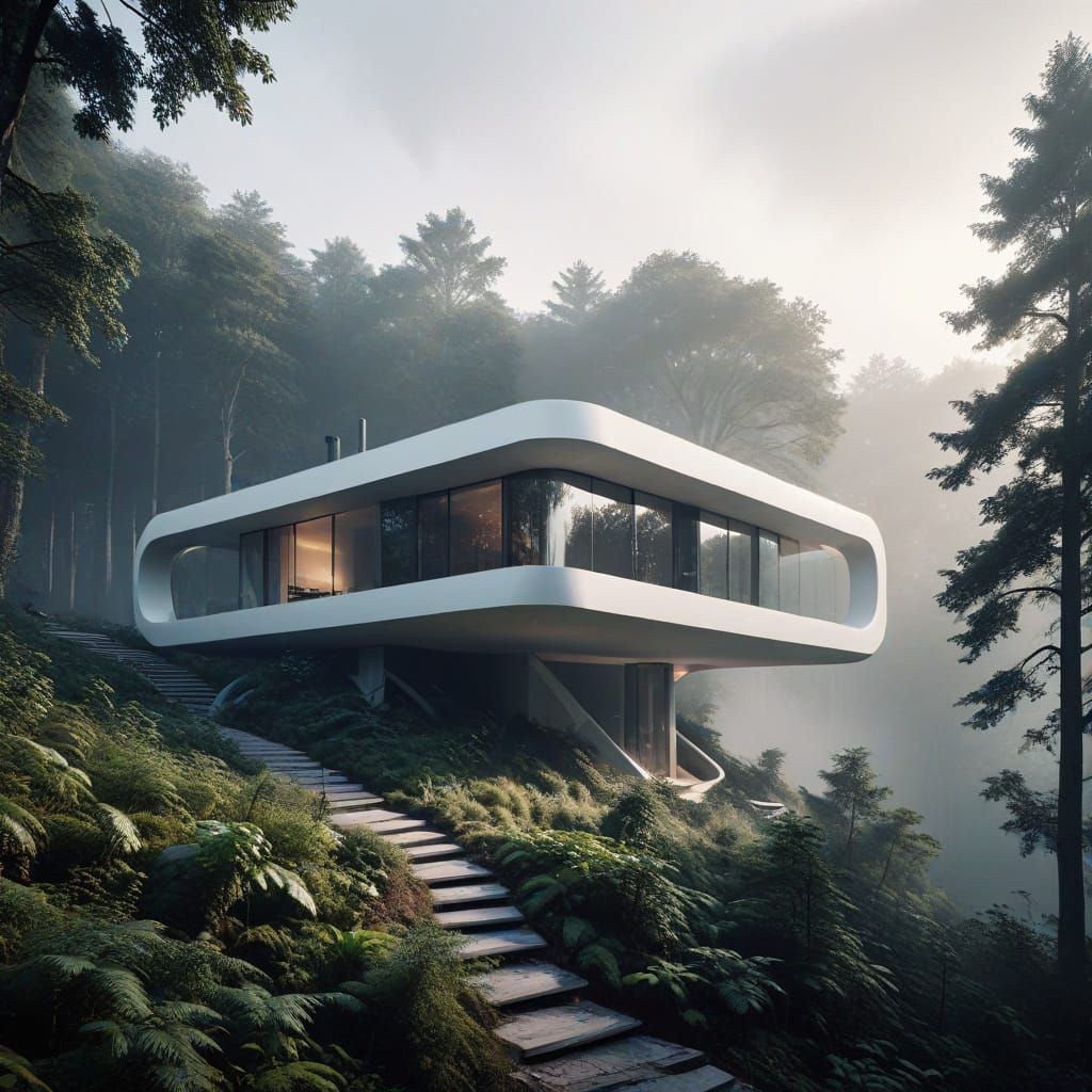 Modern House Suspended in Misty Forest, Zaha Hadid Style